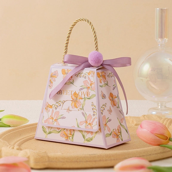 

PandaHall Folding Cardboard Candy Boxes, Wedding Gift Wrapping Box, With Handle, Trapezoid with Flower, Plum, 10.5x5.2x8.8cm Paper Trapezoid..., Purple