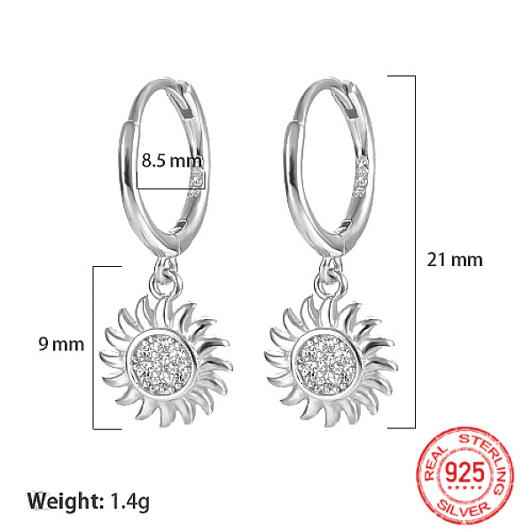 

PandaHall Rhodium Plated 925 Sterling Silver Micro Pave Cubic Zirconia Dangle Hoop Earrings, Sun, Platinum, 21mm Sterling Silver Sun Clear