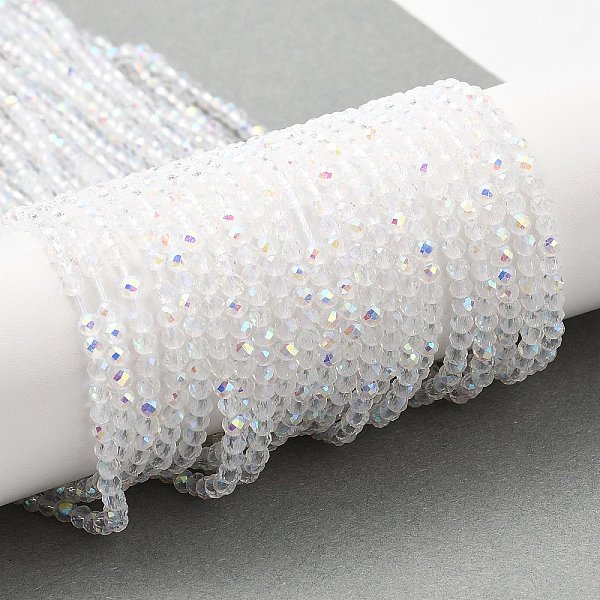

PandaHall Electroplate Glass Beads Strands, AB Color Plated, Faceted Round, Clear, 3x2.5mm, Hole: 0.7mm, about 149pcs/strand, 14.57''(37cm)...