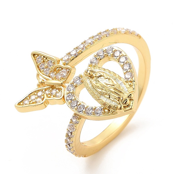 

PandaHall Clear Cubic Zirconia Heart Virgin Mary with Butterfly Open Cuff Ring, Rack Plating Brass Wide Ring for Women, Cadmium Free & Lead...