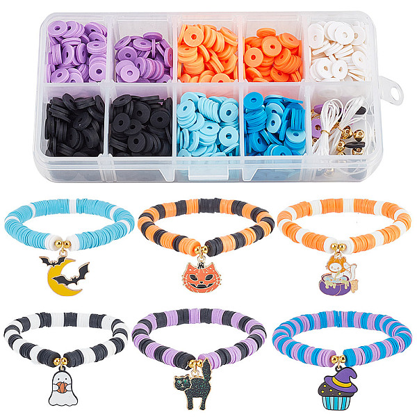 PandaHall SUNNYCLUE 1 Box 996Pcs DIY 6 Set Halloween Bracelets Making Kit Polymer Clay Beads 8mm Clay Bead Pumpkin Cat Charms Heishi Beads...