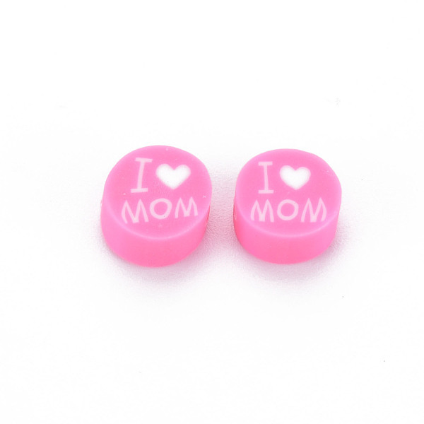 

PandaHall Handmade Polymer Clay Beads, Mother's Day Theme, Flat Round with Word I Love MOM, Hot Pink, 8~9.5x3.5~4.5mm, Hole: 1.5mm Polymer...