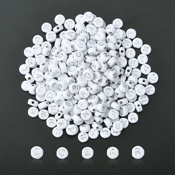 

PandaHall 300pcs 2 Styles Opaque White Acrylic Beads, Metal Enlaced, Flat Round with Letters, Silver Plated, 7x3.5~4mm, Hole: 1.5~1.8mm...