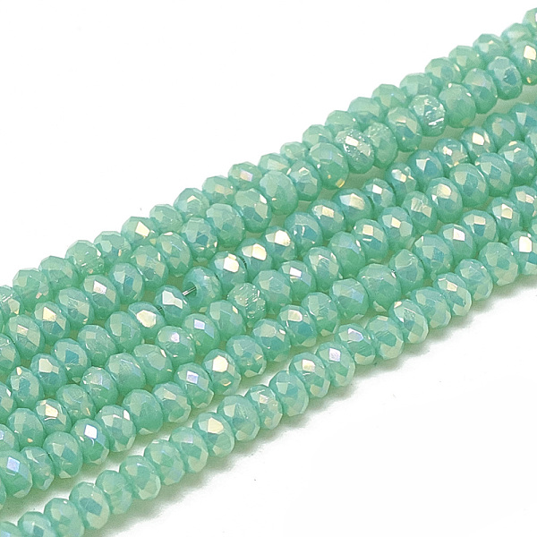 

PandaHall Electroplate Opaque Solid Color Glass Beads Strands, Faceted, Rondelle, Turquoise, 2.5x1.5mm, Hole: 0.8mm, about 160~165pcs/strand..., Green