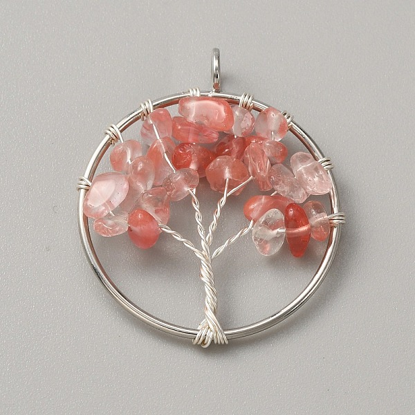 

PandaHall Cherry Quartz Glass Pendants, Ring with Tree of Life Charms, with Platinum Tone Iron Wire Wrapped, 36~36.5x30~31x5mm, Hole: 5mm...