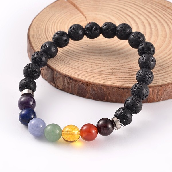 

PandaHall Natural Lava Rock Beaded Stretch Bracelets, with Gemstone Beads and Brass Findings, Platinum, 58mm Mixed Stone