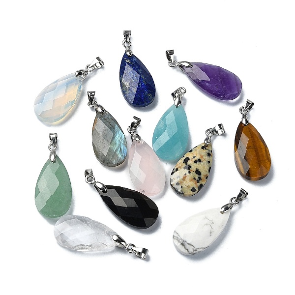 

PandaHall Faceted Natural & Synthetic Mixed Gemstone Pendants, Teardrop Charms with Platinum Plated Iron Snap on Bails, 25x13x6mm, Hole...