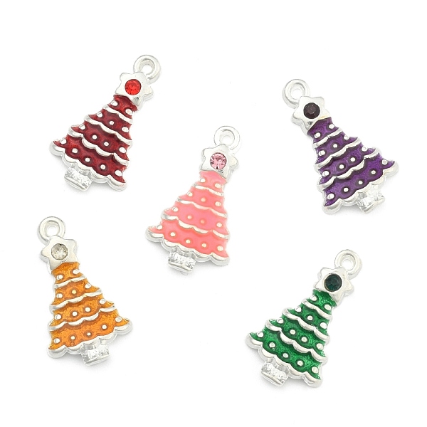 PandaHall Alloy Enamel Pendants, Cadmium Free & Lead Free, with Rhinestones, Christmas Tree, Mixed Color, Silver Color Plated, about 21mm...