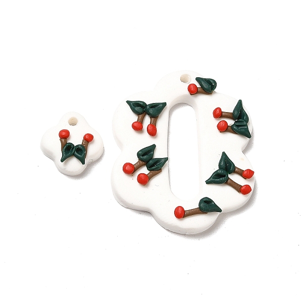 

PandaHall Handmade Polymer Clay Pendants Sets, Flower with Cherry Charm, Snow, 12x12x5mm, Hole: 2mm, 2pcs/set Polymer Clay Flower White