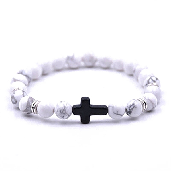 

PandaHall Natural Howlite Stretch Bracelet with Cross Beaded, Inner Diameter: 2-3/8 inch(6cm) Howlite