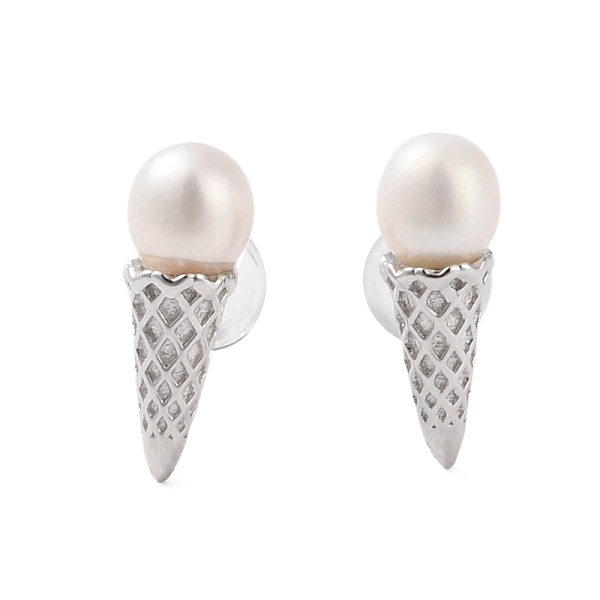 

PandaHall 925 Sterling Silver Studs Earring, with Natural Pearl, Ice Cream, Platinum, 14x5mm Pearl Ice Cream