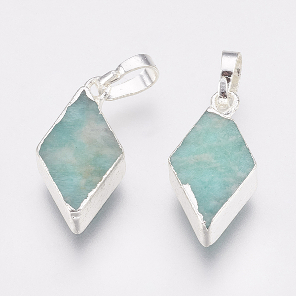 

PandaHall Natural Amazonite Pendants, with Brass Findings, Rhombus, Silver Color Plated, 18x9x4~4.5mm, Hole: 4x6mm Amazonite Rhombus Silver