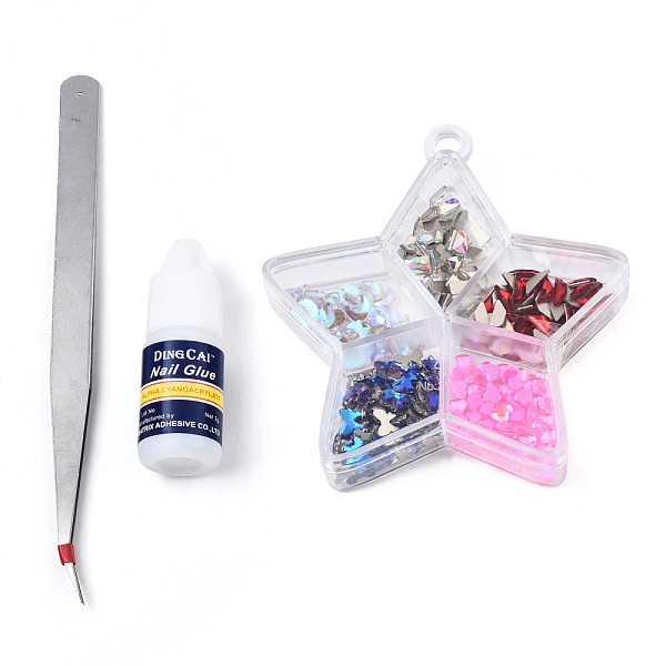 

PandaHall Nail Art Sets, with K9 Glass Cabochons, with Nail Glue and Tweezers, Mixed Shapes, Mixed Color, 94x85x17mm, Hole: 5.5mm Glass..., Multicolor