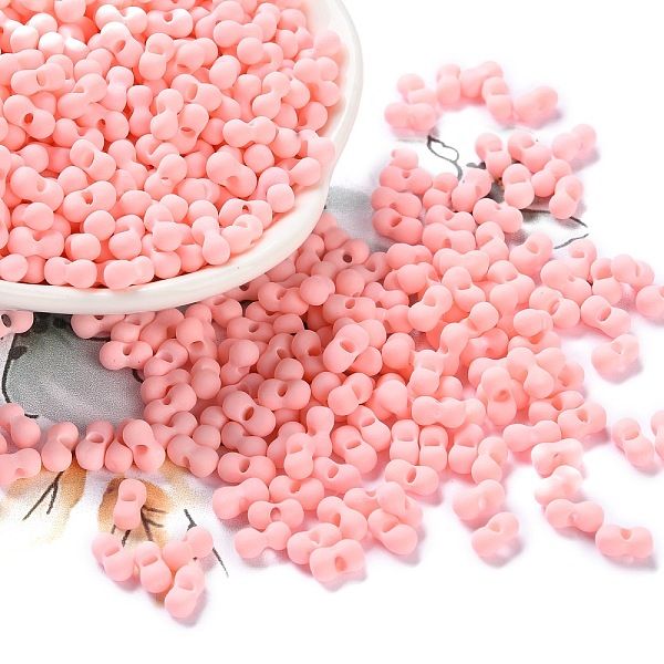 Rubberized Style Glass Seed Beads, Peanut, Pink, 6-6.5x3-3.5x3-3.5mm, Hole: 1mm, about 4500pcs/pound