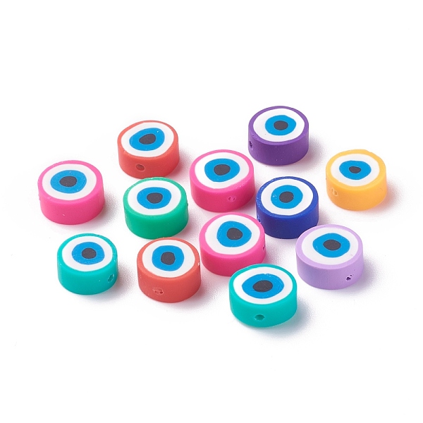 

PandaHall Handmade Polymer Clay Beads, Flat Round with Eye, Mixed Color, 9~9.5x5mm, Hole: 1.2mm Polymer Clay Flat Round Multicolor