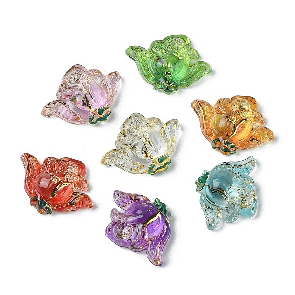pandahall translucent resin cabochons, golden metal enlaced flower, mixed color, 10x13~13.5x3.5mm resin flower multicolor