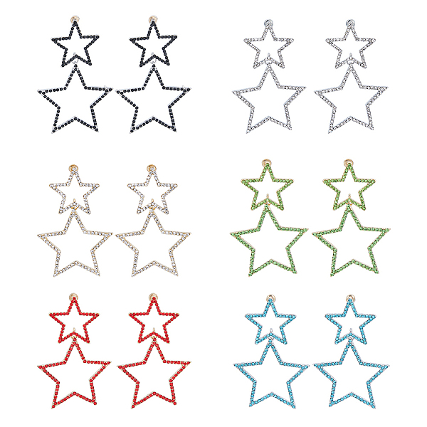 

PandaHall FIBLOOM 6 Pairs 6 Colors Alloy Hollow Star Dangle Stud Earrings with Rhinestone for Women, Mixed Color, 64x41.5mm, 1 Pair/color..., Multicolor