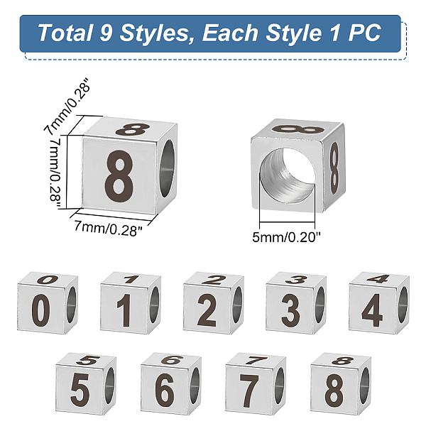 

PandaHall UNICRAFTALE 9Pcs 9 Style 303 Stainless Steel Number European Beads 5mm Large Hole Beads Bear Stainless Steel Color Bracelet Beads...