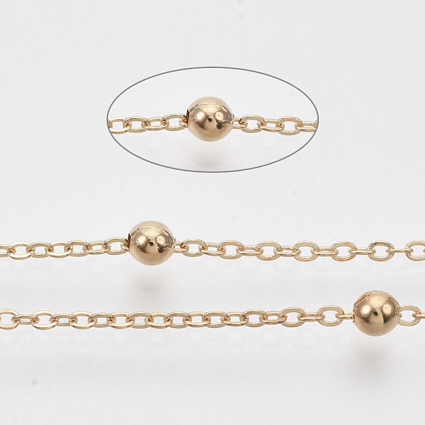 

PandaHall Brass Coated Iron Cable Chains, Satellite Chains, with Brass Round Beads, Soldered, with Spool, Flat Oval, Rose Gold...