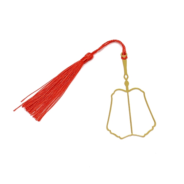 

PandaHall Chinese Ancient Palm Leaf Fan Shape Brass Wire Wrap Metal Bookmark with Tassel for Book Lover, Golden, Red, 215mm Brass Red