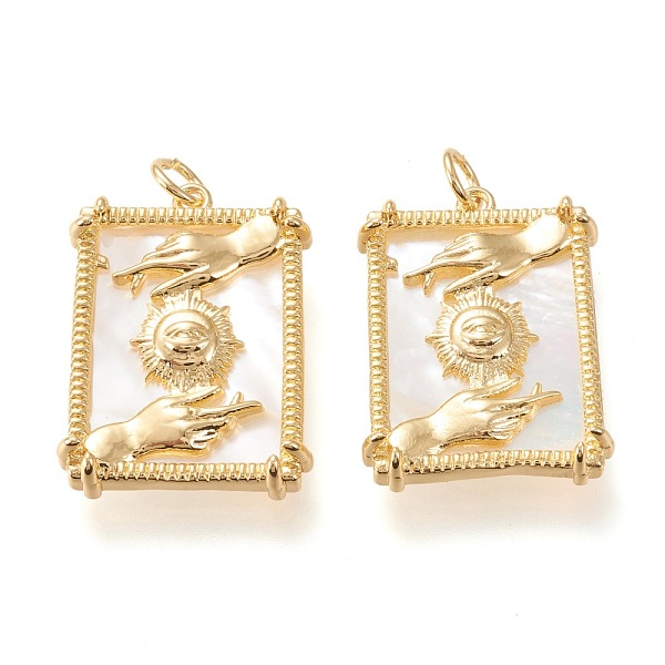 

PandaHall Brass Pendants, with Natural Shell and Jump Rings, Long-Lasting Plated, Rectangle with Hand & Sun, Golden, 25x18x4mm, Hole: 3.5mm..., White