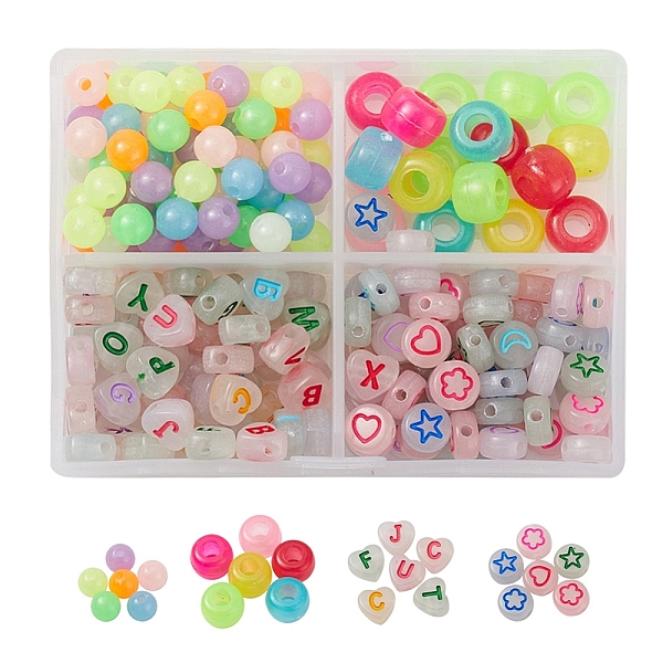 

PandaHall 4 Style Luminous Acrylic & Plastic Beads, Horizontal Hole, Round & Rondelle & Heart & Flat Round, Mixed Color, about..., Multicolor