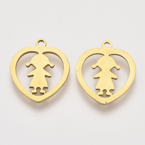 

PandaHall 201 Stainless Steel Pendants, Laser Cut Pendants, Heart with Girl, Golden, 18x15x1mm, Hole: 1.4mm 201 Stainless Steel Heart