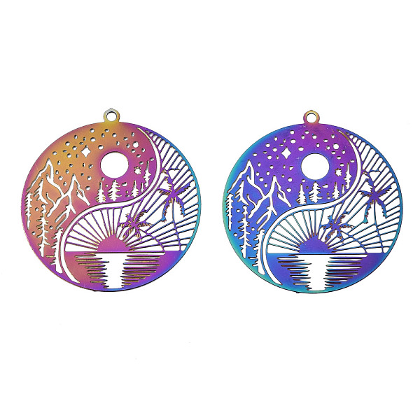 

PandaHall Ion Plating(IP) 201 Stainless Steel Filigree Pendants, Etched Metal Embellishments, Flat Round with Landscape Pattern, Rainbow...