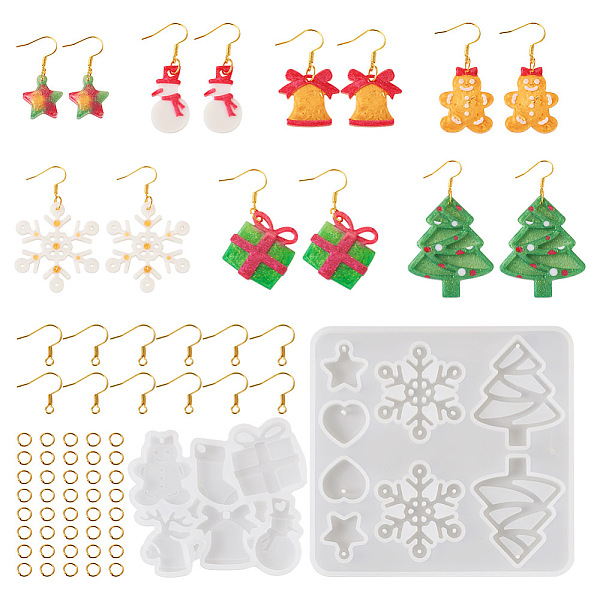 

PandaHall 2Pcs 2 Style Christmas Snowman & Bell & Tree & Star Pendant Silicone Molds, with 100Pcs Iron Earring Hooks & 100Pcs Jump Rings..., White