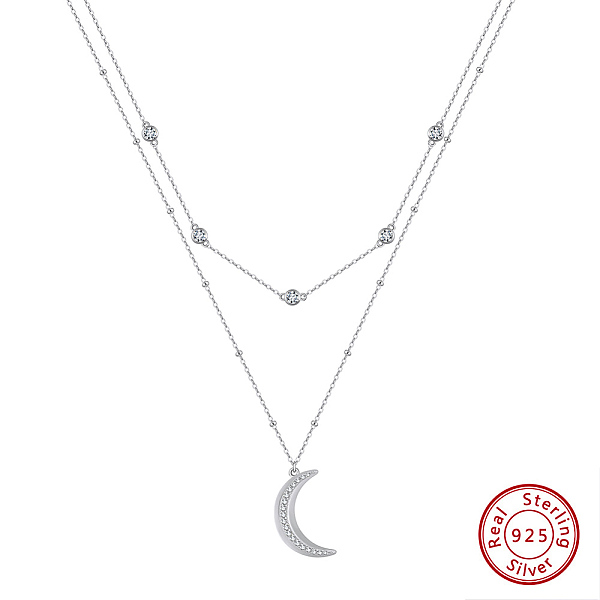 

PandaHall 925 Sterling Silver Double Layer Necklaces, Micro Pave 5A Cubic Zirconia Moon Charm Necklaces, Real Platinum Plated, 15.98 inch..., Clear