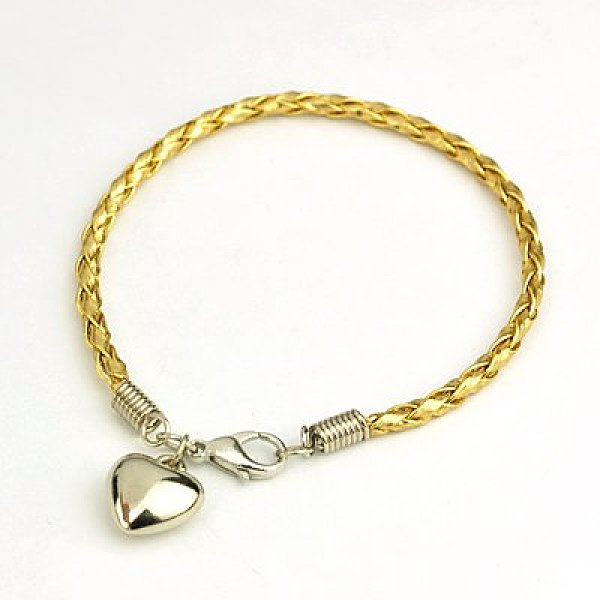 

PandaHall PU Leather Braided Charm Bracelets, with CCB Plastic Pendants and Alloy Lobster Claw Clasps, Gold, 180mm Plastic Gold