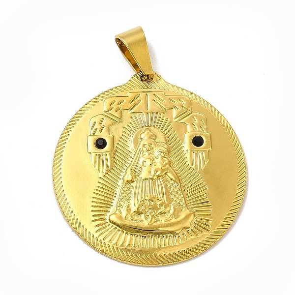 

PandaHall Ion Plating(IP) 304 Stainless Steel Pendants, with Rhinestone, Flat Round with Nossa Senhora Aparecida Charms, Golden, Jet..., Black