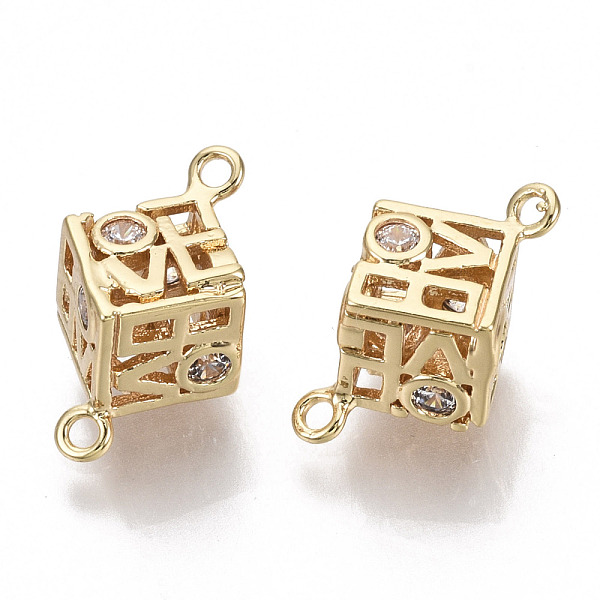 

PandaHall Brass Micro Pave Cubic Zirconia Links Connectors, Hollow, Cube with Word Love, Nickel Free, Clear, Real 18K Gold Plated, 15x10x9mm...