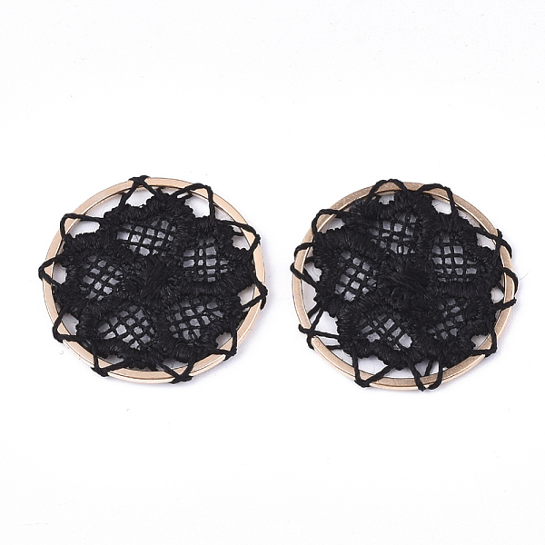 

PandaHall Polyester Woven Pendant Decorations, with Iron Findings, Flat Round with Flower, Light Gold, Black, 28x2mm Polyester Flat Round...