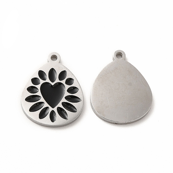 

PandaHall 304 Stainless Steel Enamel Pendants, Teadrop with Heart Pattern, Black, 15x12x1mm, Hole: 1.2mm Alloy+Enamel Heart Black