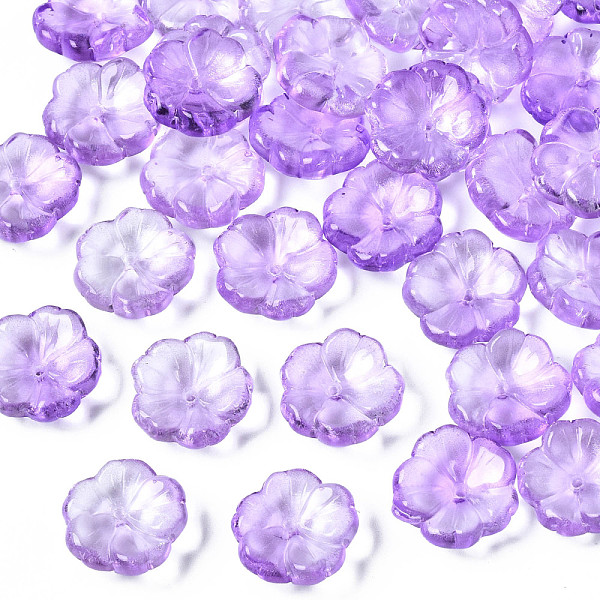 

PandaHall Transparent Spray Painted Glass Beads, with Glitter Powder, Two Tone, Flower, Lilac, 15x15x6mm, Hole: 1.2mm Glass Purple
