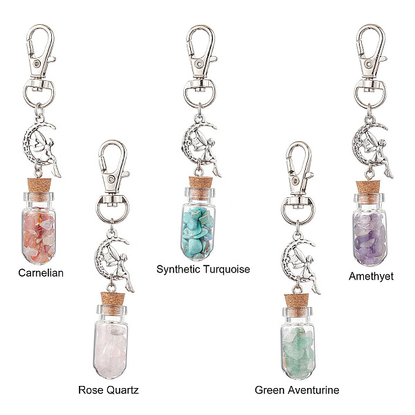 

PandaHall Glass Wishing Bottle with Gemstone Chip inside Pendant Decorations, Alloy Moon with Fairy & Swivel Clasps Charms for Bag Ornaments...
