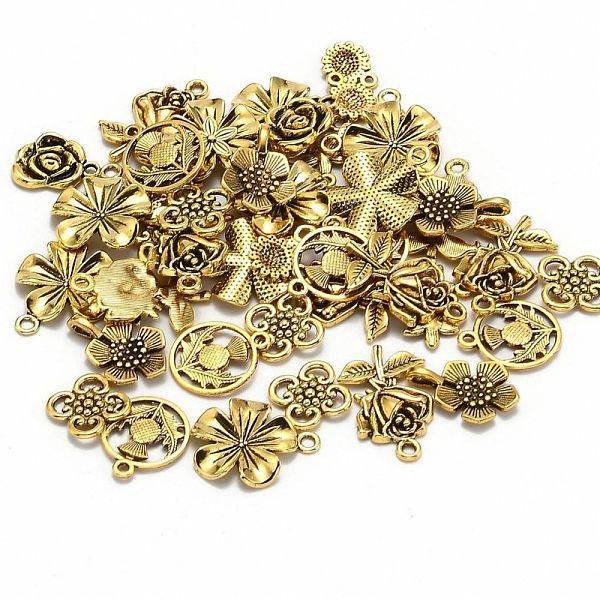 

PandaHall Tibetan Style Alloy Pendants, Flower, Mixed Style, Antique Golden, 8~65x6~47x1~8mm, Hole: 1~11x8mm Alloy Flower
