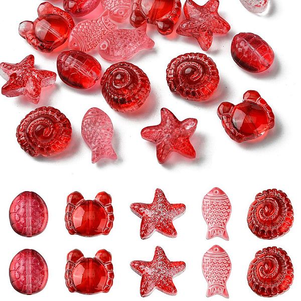 

PandaHall 25Pcs 5 Style Ocean Themed Transparent Glass Beads Sets, Mixed Shapes, Dark Red, 12~15x8~15x5~9mm, Hole: 1mm, 5pcs/style Glass...