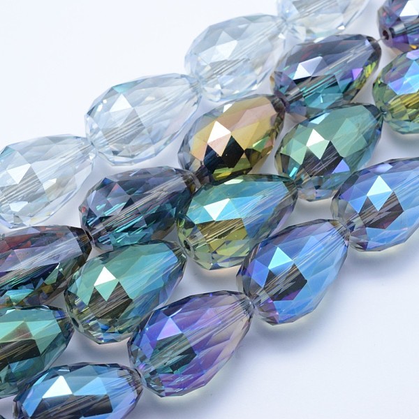 

PandaHall Electroplate Glass Beads Strands, Faceted, teardrop, Mixed Color, 27~28x18mm, Hole: 2mm, about 25pcs/strand, 26.3 inch~27.1 inch..., Multicolor