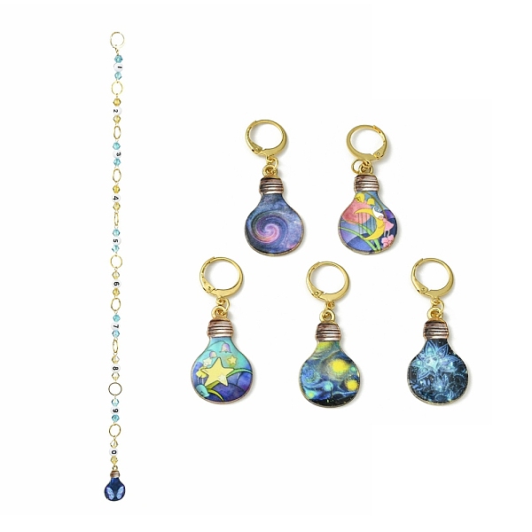 

PandaHall Bulb Alloy Enamel Pendant & Acrylic Number Knitting Row Counter Chains, Golden, 350mm, 6pcs/set Alloy+Enamel Others