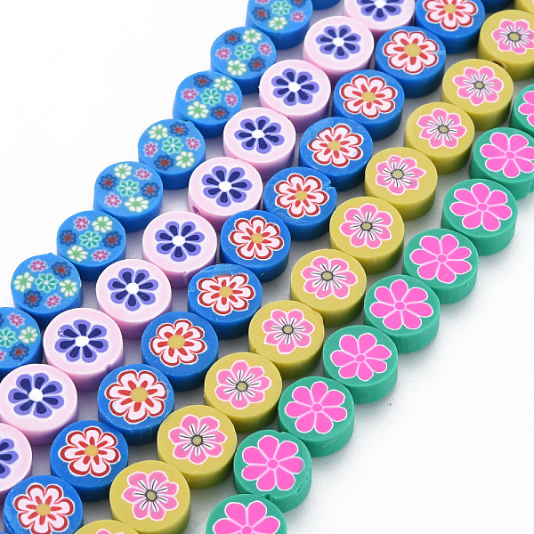 

PandaHall Handmade Polymer Clay Bead Strands, Flat Round with FLower, Mixed Color, 9.5~10x4~5mm, Hole: 1.6mm, about 40pcs/strand, 15.08..., Multicolor