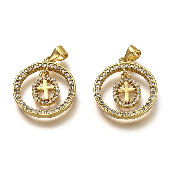

PandaHall Brass Micro Pave Clear Cubic Zirconia Pendants, Long-Lasting Plated, Flat Round with Cross, Real 18K Gold Plated, 21x19x2.5mm...