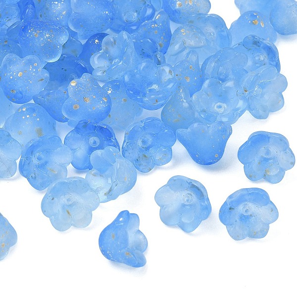 Frosted Glass Bead Cap, 6-Petal Flower, with Gold Powder, Royal Blue, 11x12x8mm, Hole: 1.4mm, about 1333pcs/1000g
