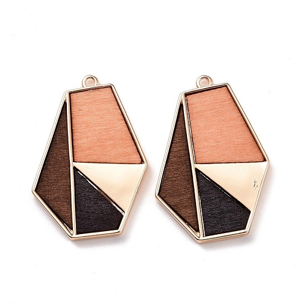 

PandaHall Alloy Pendants, with Dyed Wood, Irregular Hexagon with Geometric Pattern, Light Gold, 41x28.5x3mm, Hole: 2mm Alloy Hexagon
