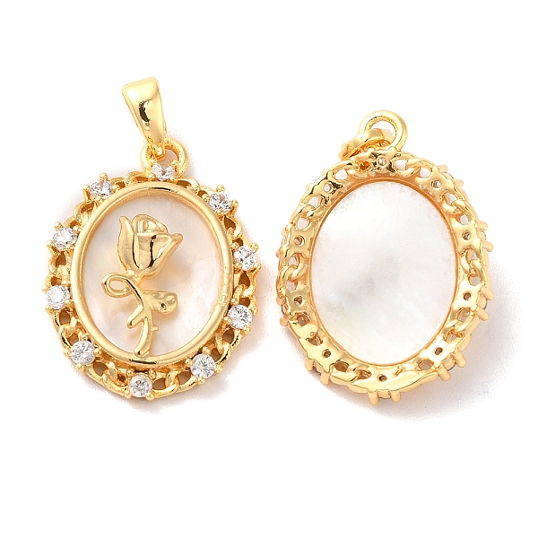 

PandaHall Brass Micro Pave Cubic Zirconia Pendants, with Shell, Oval with Flower Charms, Golden, 21x15.5x5mm, Hole: 2.2x3.8mm Shell Oval