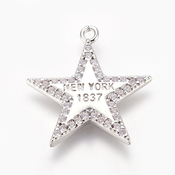 

PandaHall Brass Cubic Zirconia Pendants, Star with Word, Clear, Platinum, 24.5x22.5x2mm, Hole: 1.8mm Brass+Cubic Zirconia Star Clear