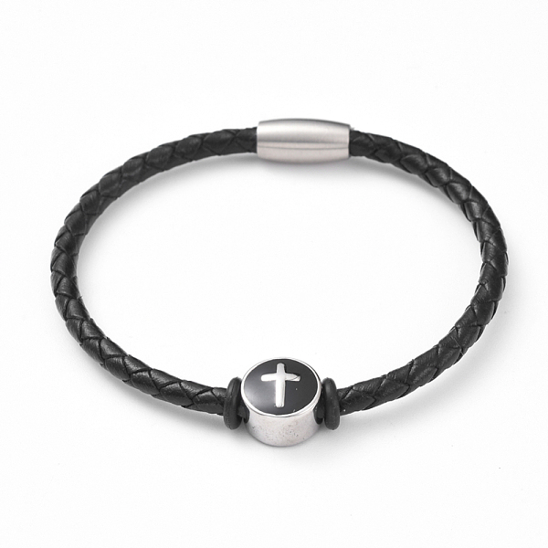

PandaHall Unisex Leather Cord Bracelets, with Enamel, 304 Stainless Steel Magnetic Clasps and Beads, Flat Round with Cross, Black, 7-5/8...