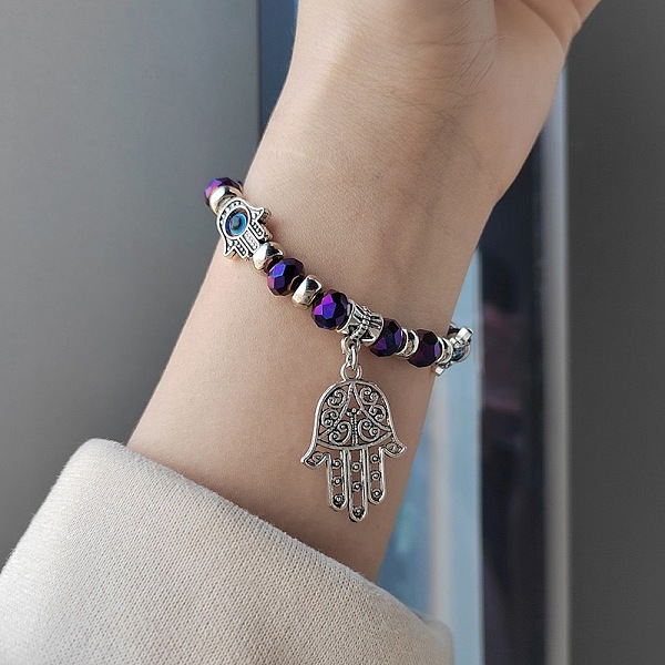 

PandaHall Alloy Turkiye Hamsa Hand Pendant Bracelets, Blue Evil Eye Beaded Jewelry for Women Alloy Hamsa Hand