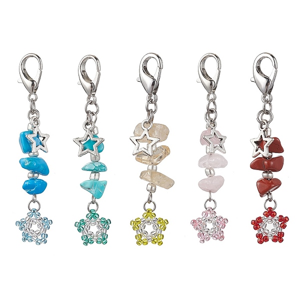 

PandaHall TOHO Seed Pendant Decorations, with Synthetic & Natural Mixed Gemstone Beads, Zinc Alloy Lobster Claw Clasps, Star, 59mm, Pendants..., Multicolor
